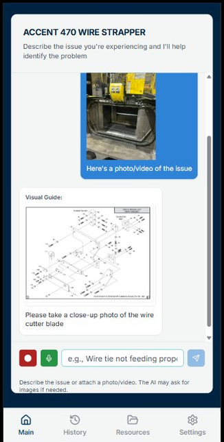 AI diagnostic in action — photo submitted, visual guide with manual reference returned