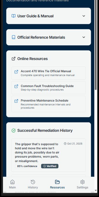 Resources — manuals, troubleshooting guides, remediation history with verified resolutions