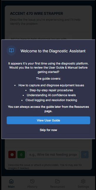 First-run onboarding — user guide walkthrough and diagnostic setup