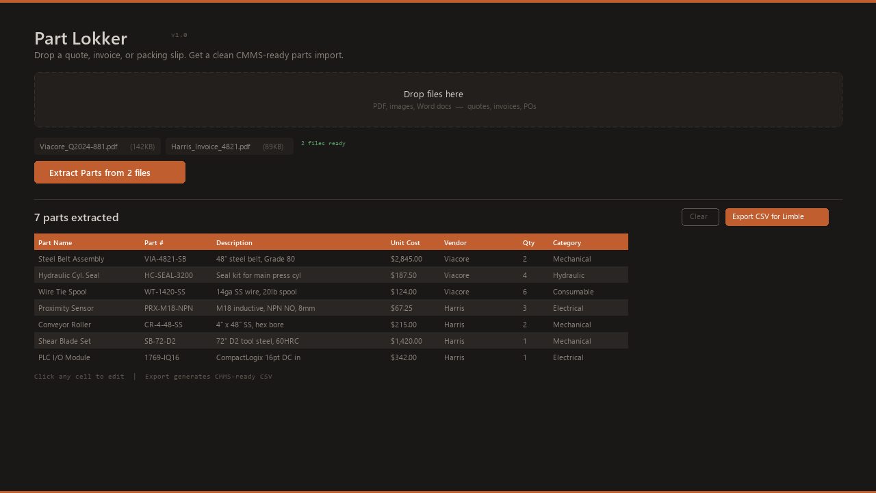 Part Lokker — document extraction to editable parts table